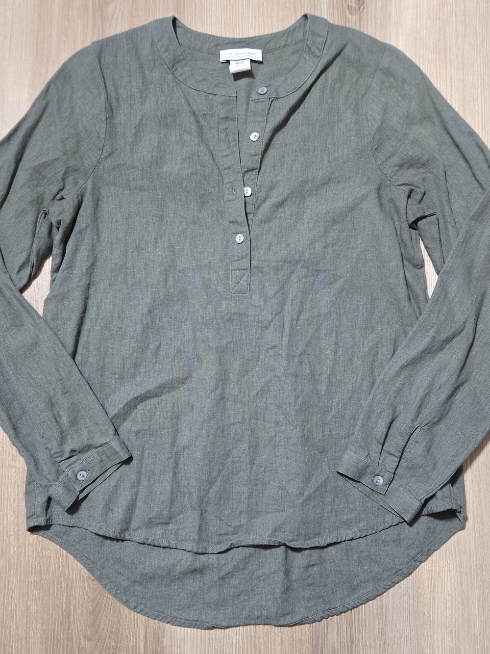 Linen Olive Green Long-Sleeve Henley Top
